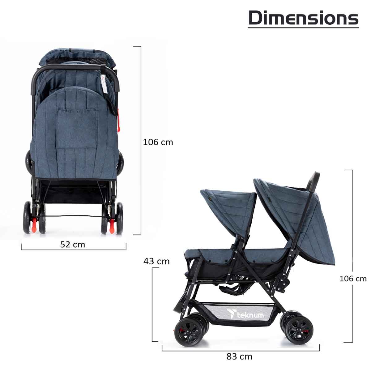 تيكنوم عربة أطفال مزدوجة رمادية مع خطافات للأطفال، 0-2 سنة