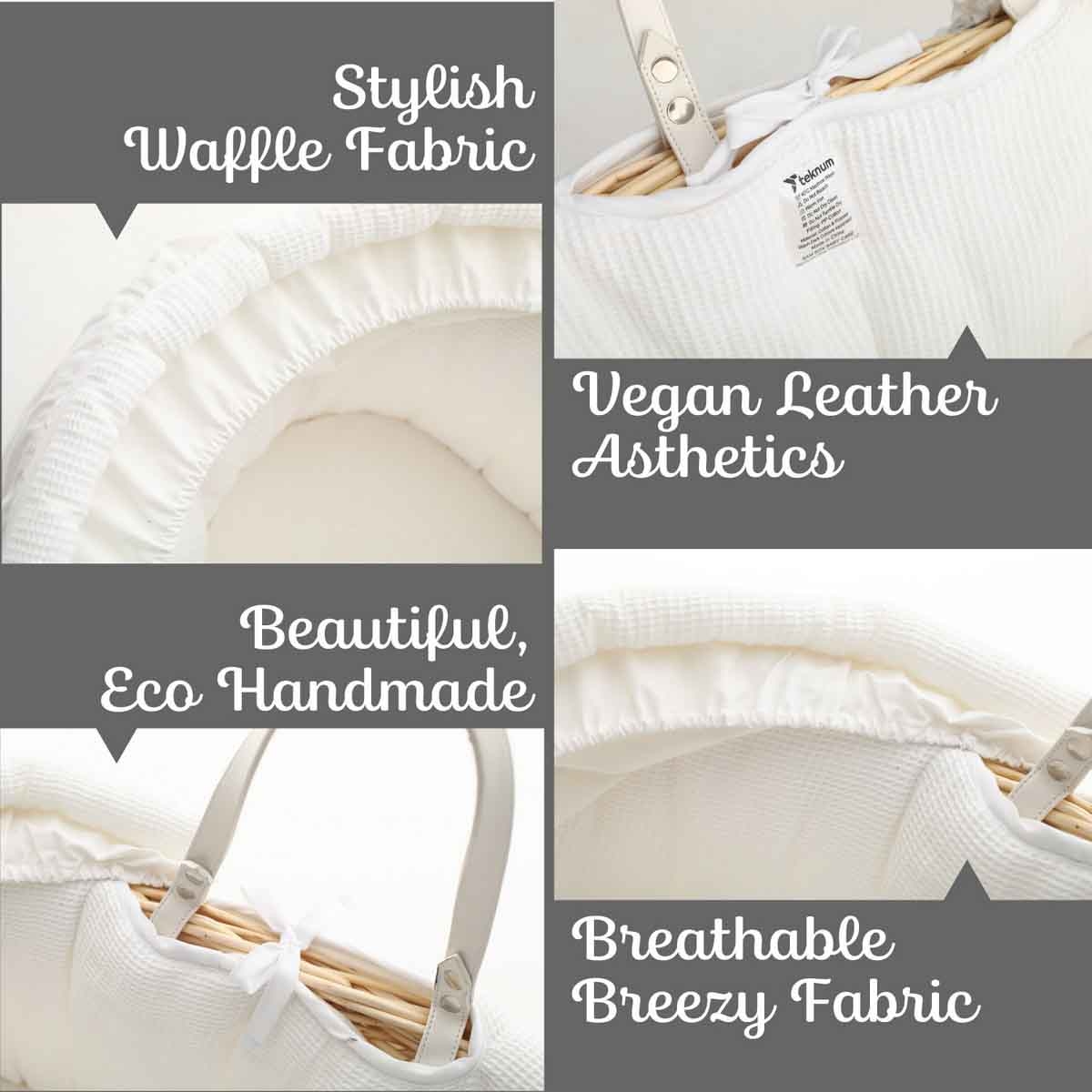 تيكنوم مهد موسى من الخوص مع طقم مفروشات وفل أبيض خشب بني، 0-2 سنوات