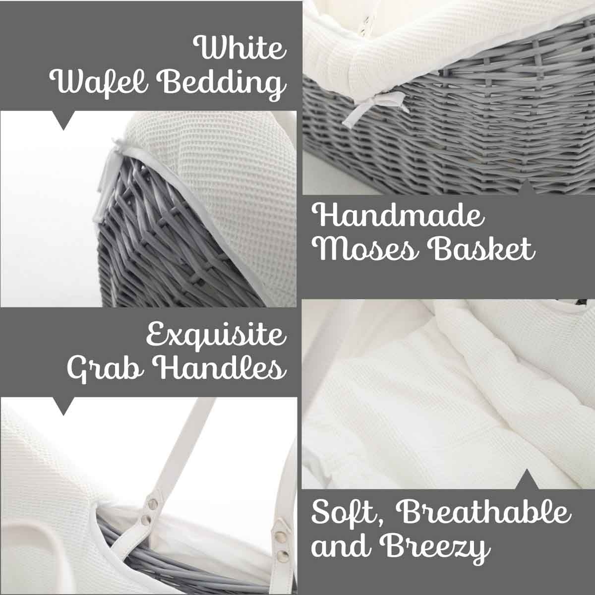 تيكنوم مهد موسى بود من الخوص مع طقم مفروشات وفل أبيض خشب رمادي، 0-2 سنوات