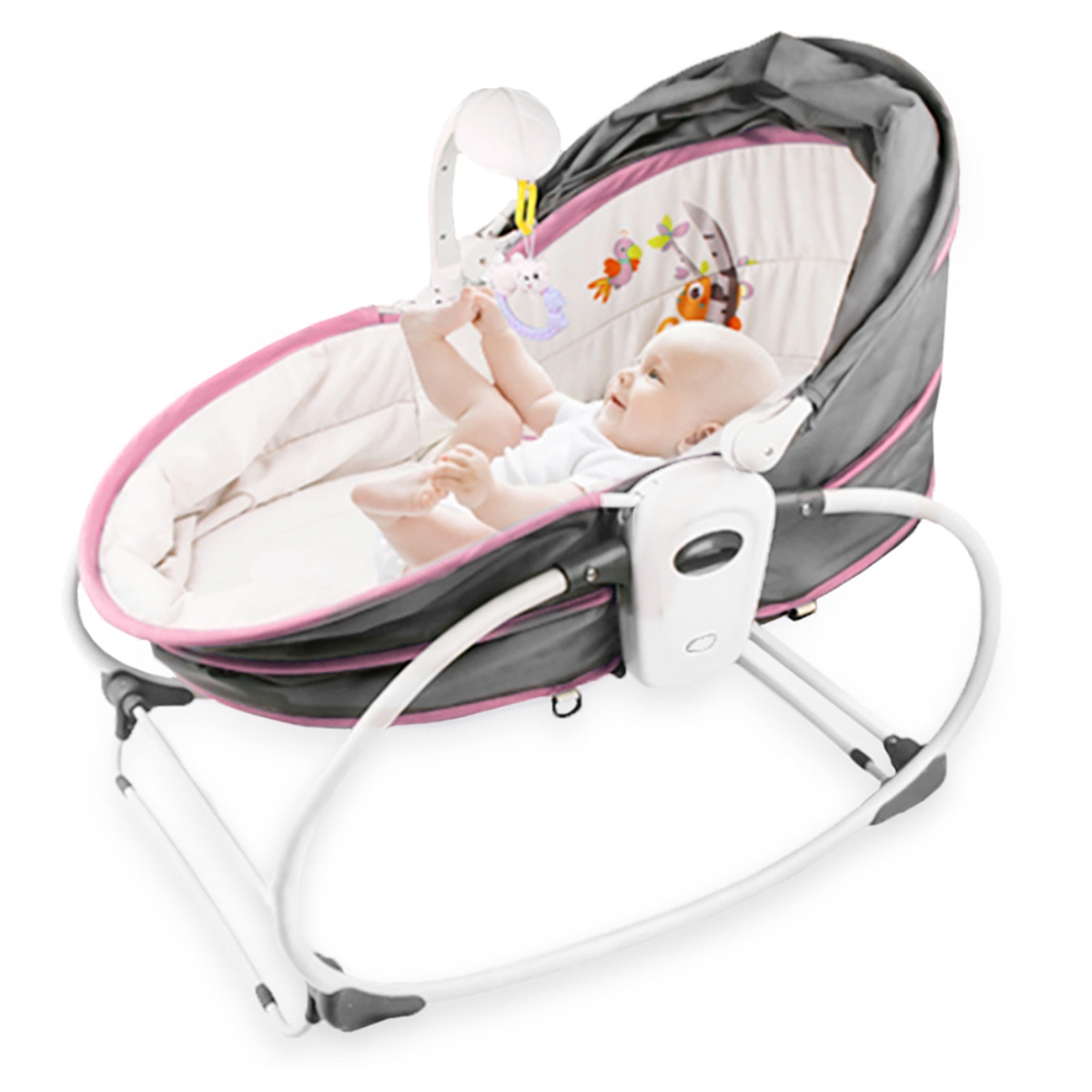 تيكنوم مهد روكر مريح 6 في 1 مع عجلات ومظلة وناموسية باللون الوردي للأطفال من عمر 0 إلى 2 سنة