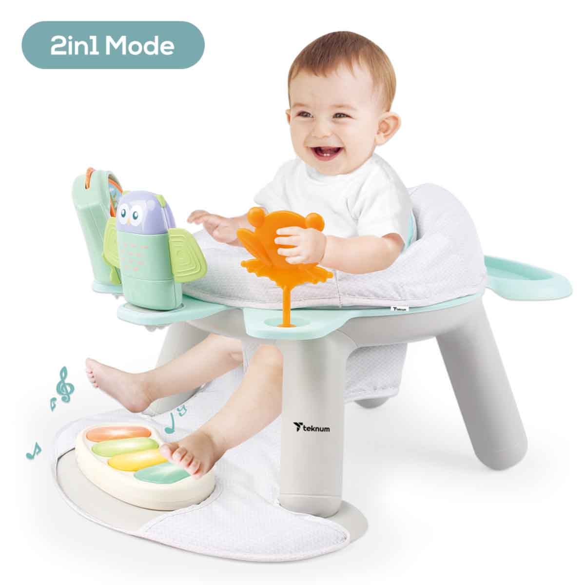 تيكنوم كرسي طعام 2 في 1 بتصميم حمار وحشي مع مقعد لعب وبيانو دواسات للأطفال، 0-2 سنة