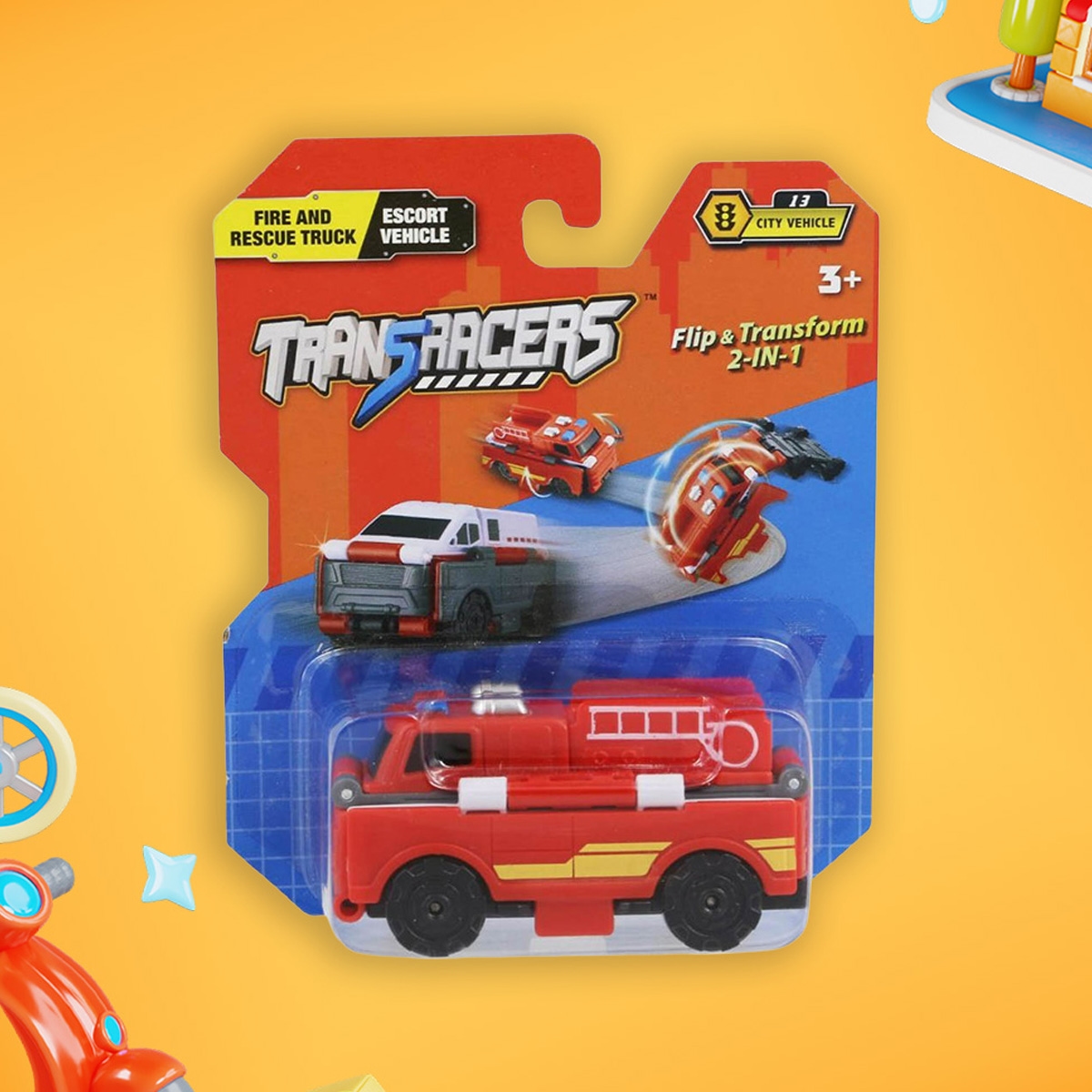 ترانسراكرز لعبة سيارة إطفاء تتحول إلى سيارة مرافقة 2 في 1 للجنسين، 3-4 سنوات
